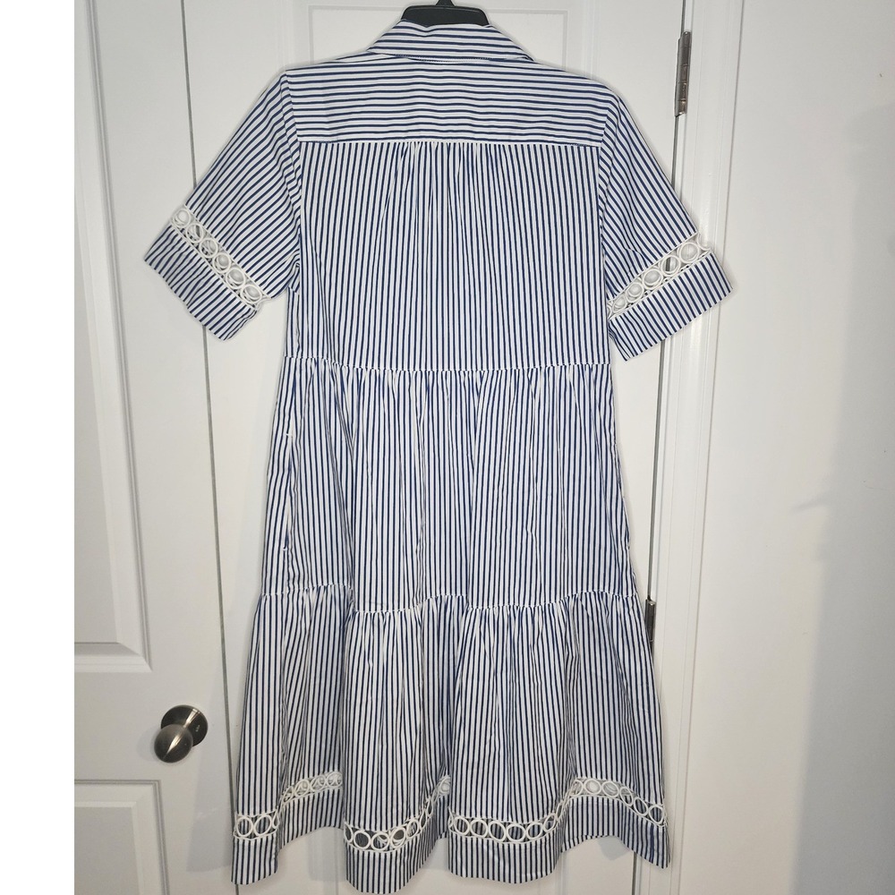 Joan Rivers Blue White Striped Tiered Shirt Dress Crochet Trim XS - Picture 3 of 7